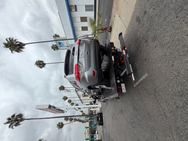 SUV loaded on flatbed near palm trees in Hollywood